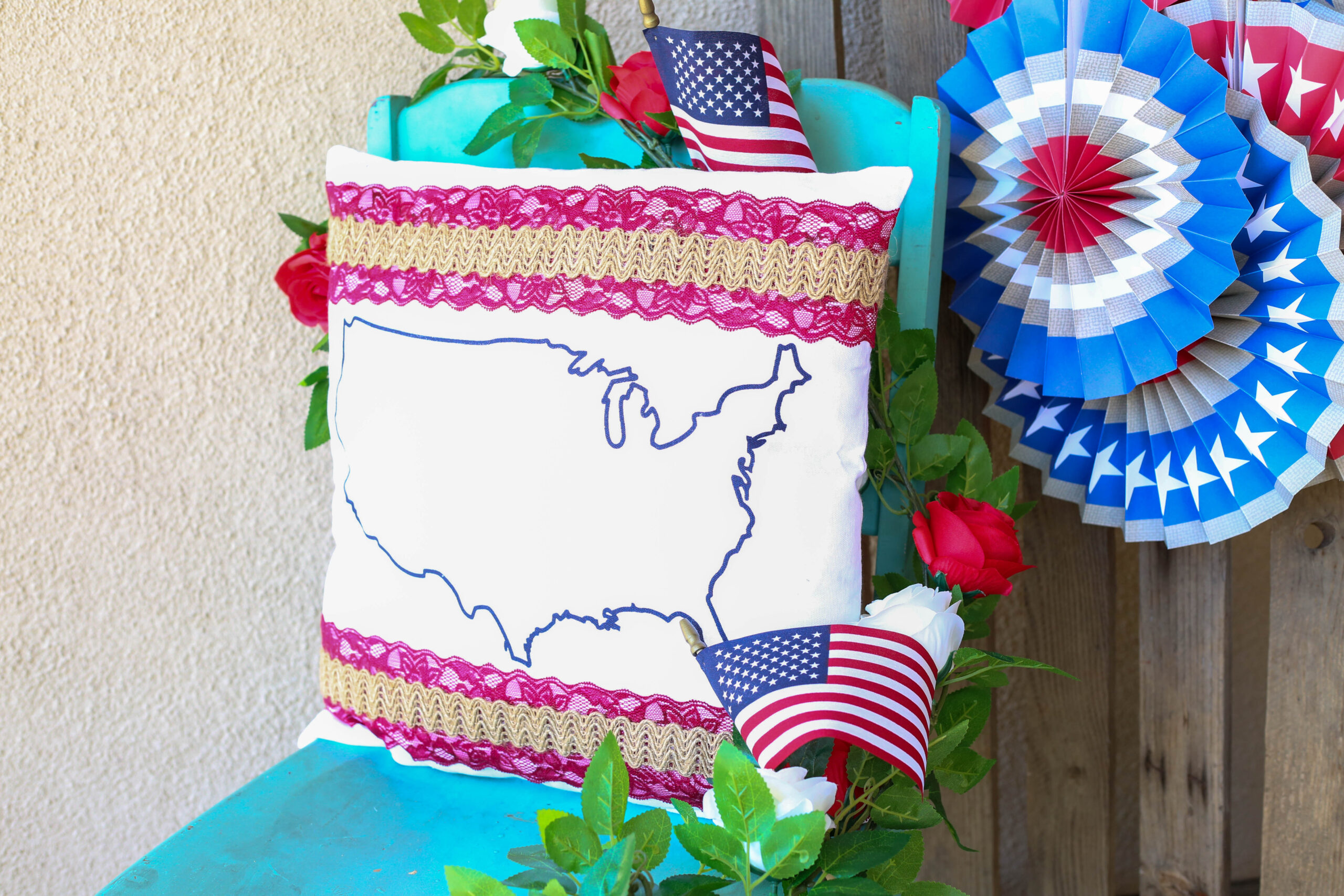 patriotic pillow with lace and burlap trim