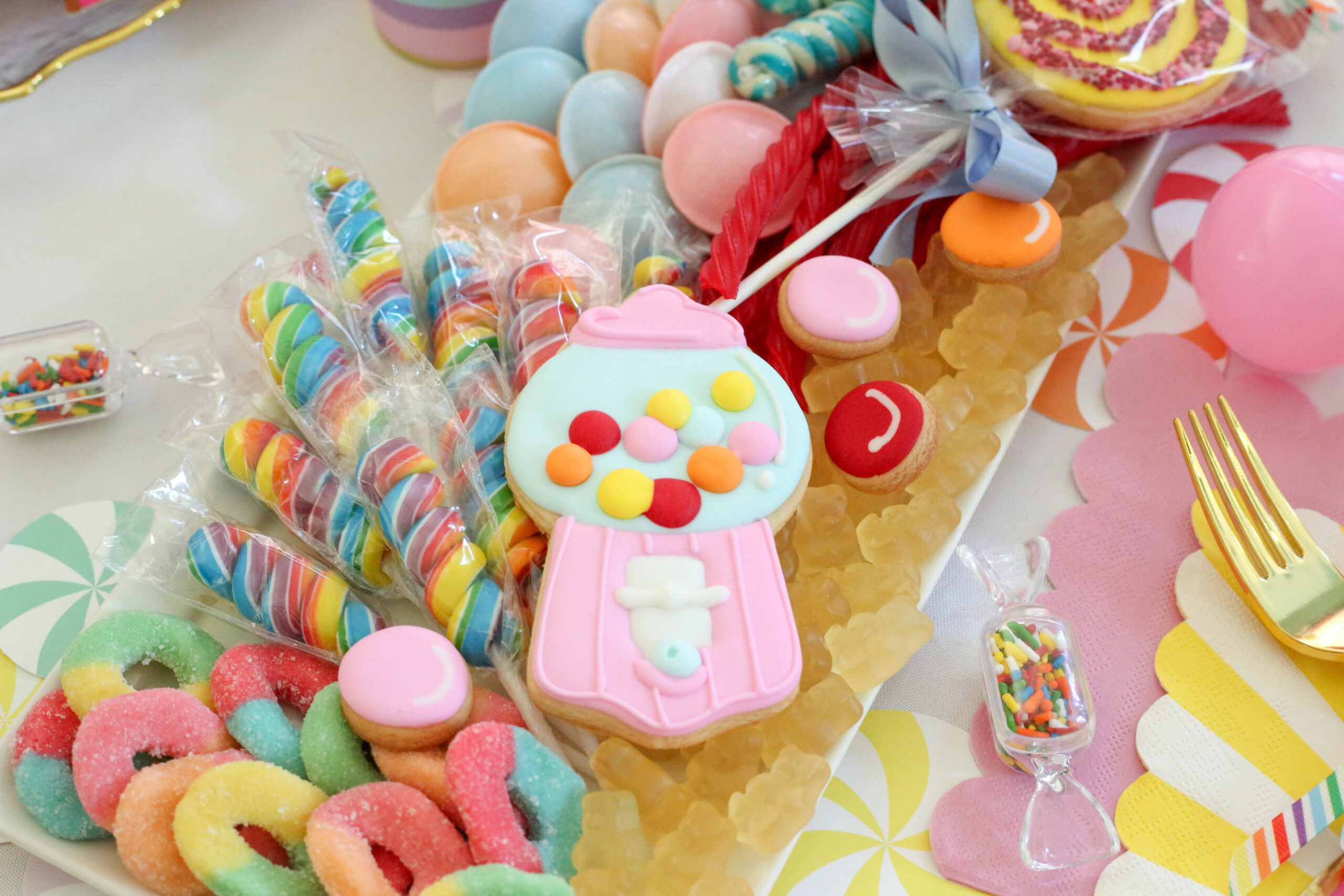 gumball machine cookie on candy charcuterie