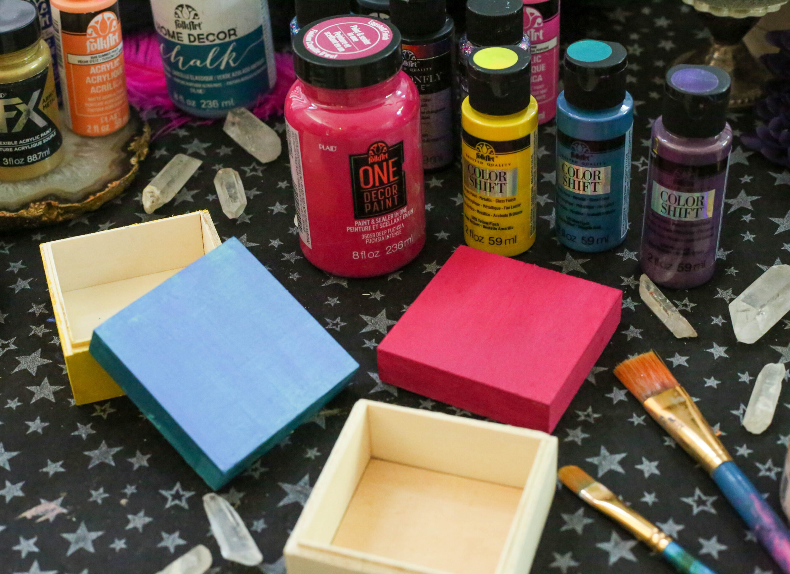 FolkArt paints used to craft halloween favor boxes for a fortune teller party