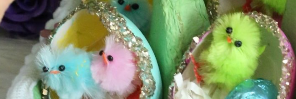 easter eggs painted with chicksPainted and glittered Easter eggs with colorful chenille chicks